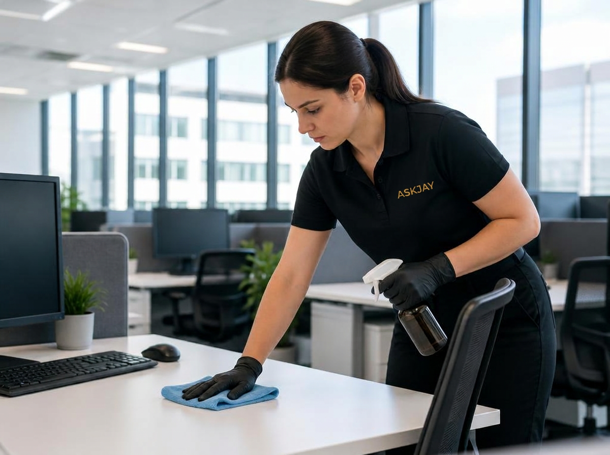 Professional AskJay office cleaner sanitising desks in a modern Australian workspace