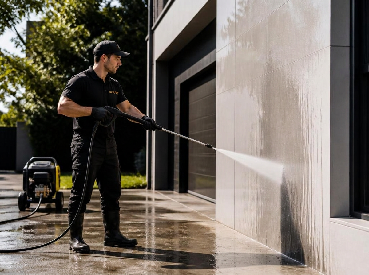 AskJay pressure washing team cleaning a commercial building exterior